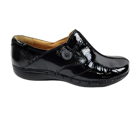 Clarks Womens Unstructured UNLOOP Slip-On Black Patent Leather Comfort Shoes 8.5 - Picture 1 of 11